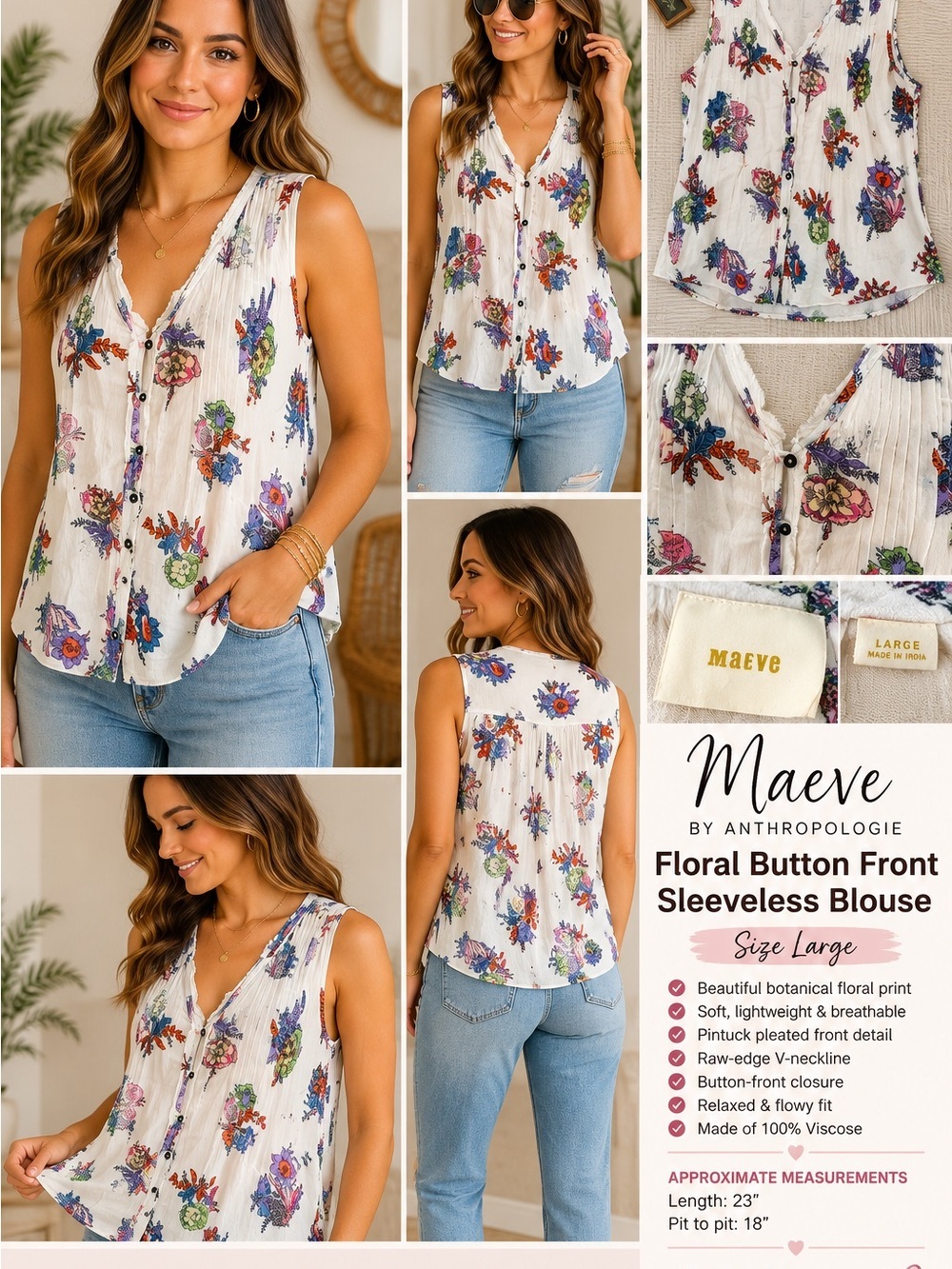 Maeve White Sleeveless Floral Button-Front Blouse